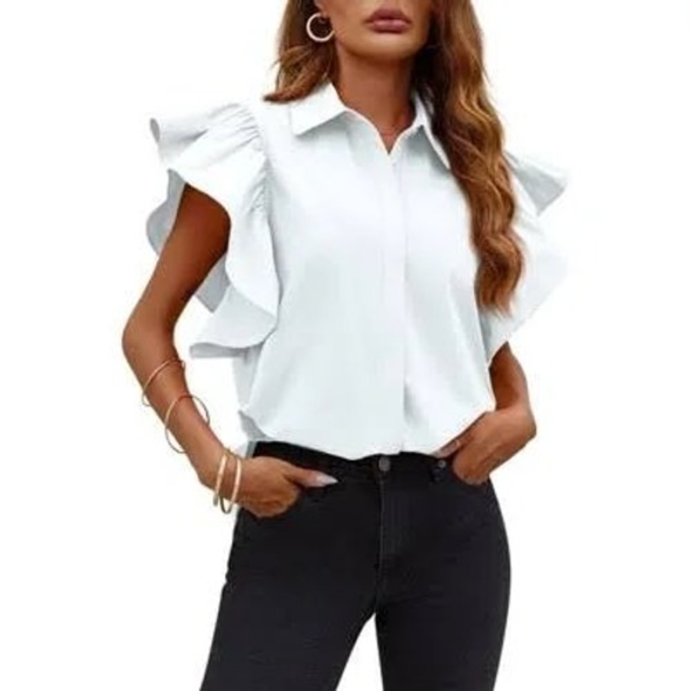 AMT Womens White Ruffle Sleeve Button Down Blouse Top SA1374 Size M